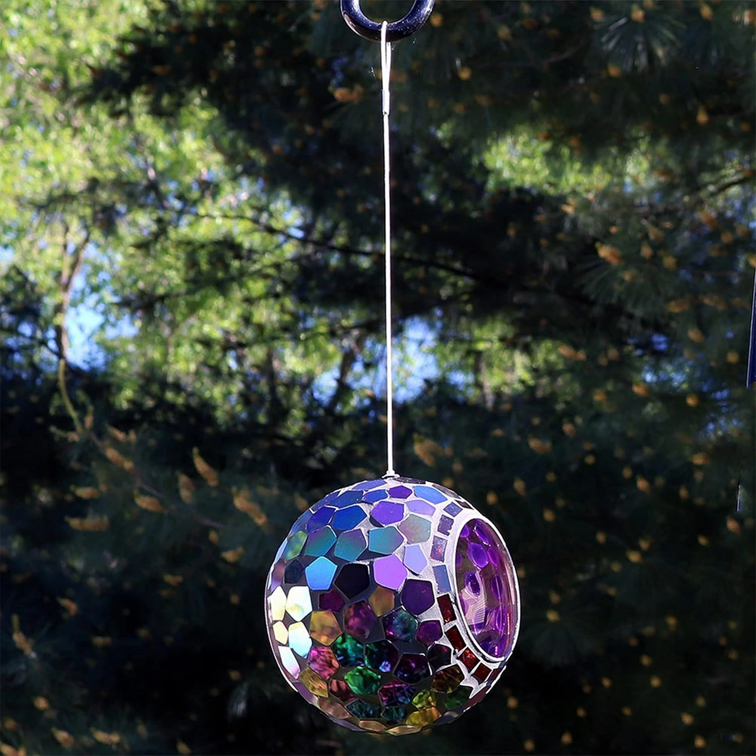 Sunnydaze 6-Inch Glass Mosaic Hanging Bird Feeder for Outdoors - Fly-Through Wild Bird Feeder - Purple