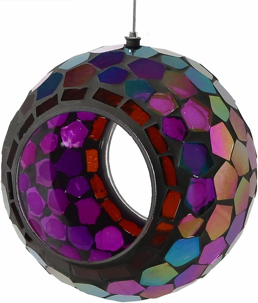 Sunnydaze 6-Inch Glass Mosaic Hanging Bird Feeder for Outdoors - Fly-Through Wild Bird Feeder - Purple