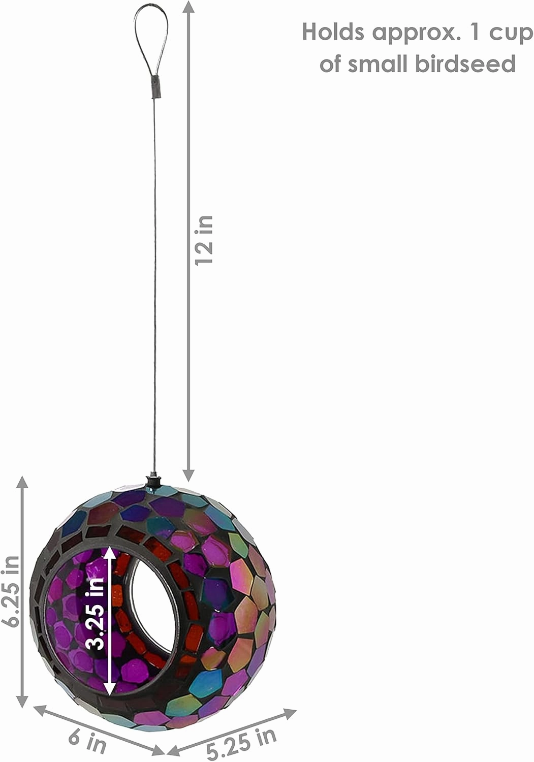 Sunnydaze 6-Inch Glass Mosaic Hanging Bird Feeder for Outdoors - Fly-Through Wild Bird Feeder - Purple