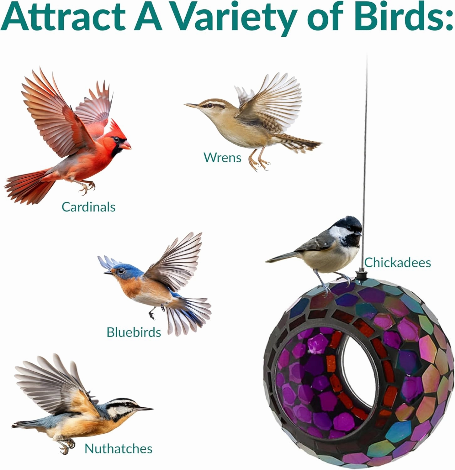 Sunnydaze 6-Inch Glass Mosaic Hanging Bird Feeder for Outdoors - Fly-Through Wild Bird Feeder - Purple
