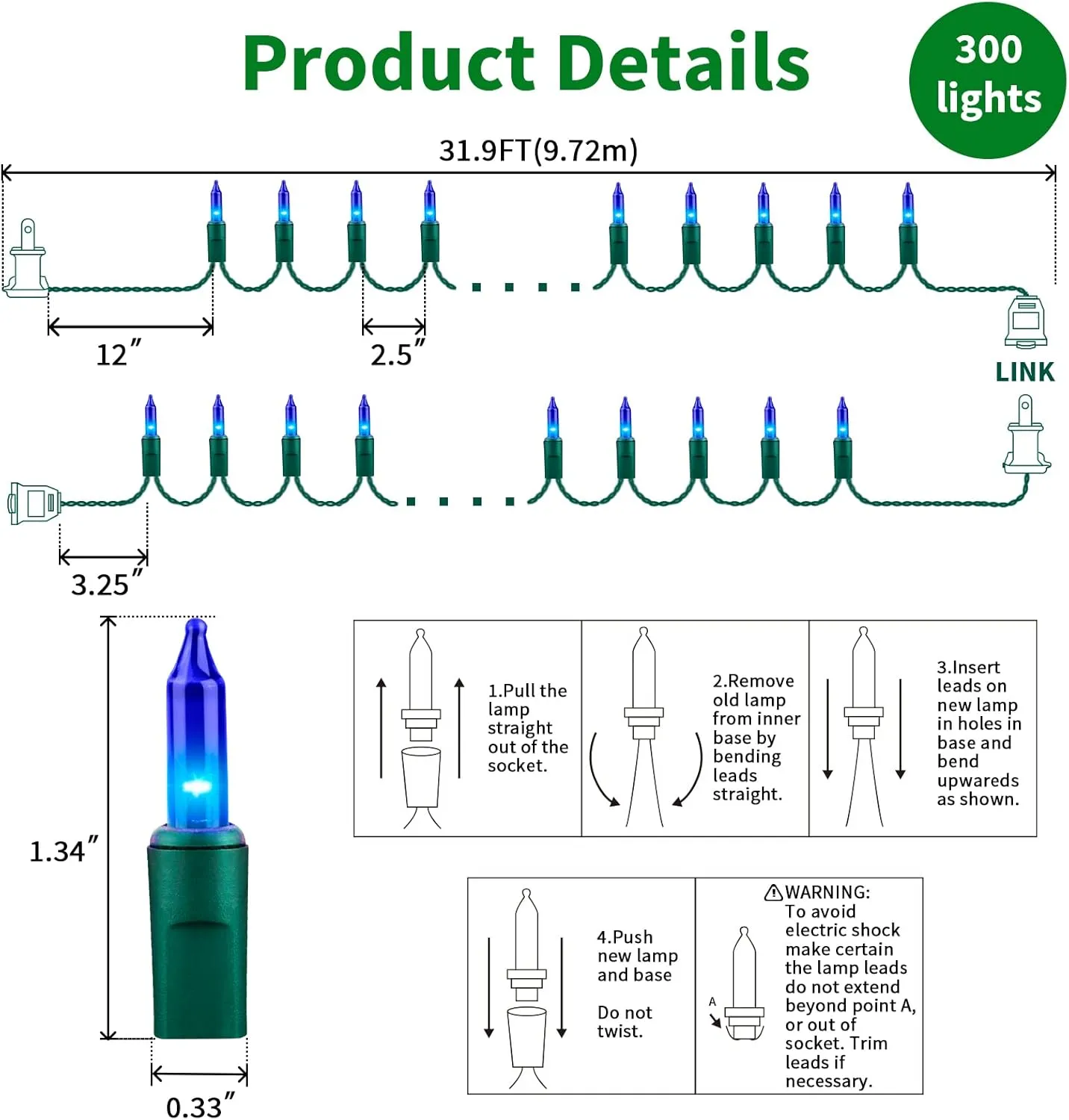 Super-Bright Extendable Blue Christmas Lights Decoration 300Lights 63.8ft(2pk of 150L) UL Certified Mini Bulb String Lights Set for Outdoor Christmas Tree Garden Holiday Party Patio Decor