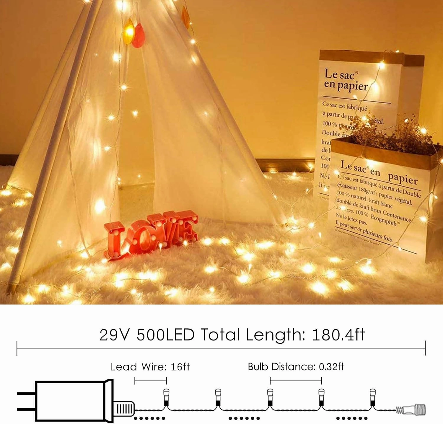 Super-Long 180FT 500 LED Christmas Lights Indoor Outdoor, Warm White String Lights for Bedroom, 8 Modes Led Twinkle Fairy Light Plug in for Wedding Party Patio Garden Xmas Tree