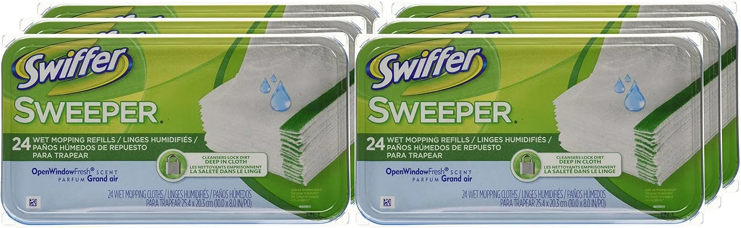 Swiffer Sweeper Wet Mopping Cloths, Mop and Broom Floor Cleaner Refills, Open Window Fresh Scent 24-Count (Pack of 6) (Packaging May Vary)
