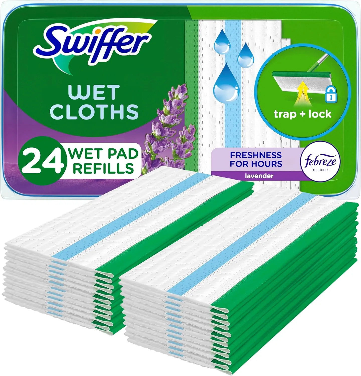 Swiffer Sweeper Wet Mopping Cloths with Febreze Freshness, Lavender Vanilla & Comfort, 24 count