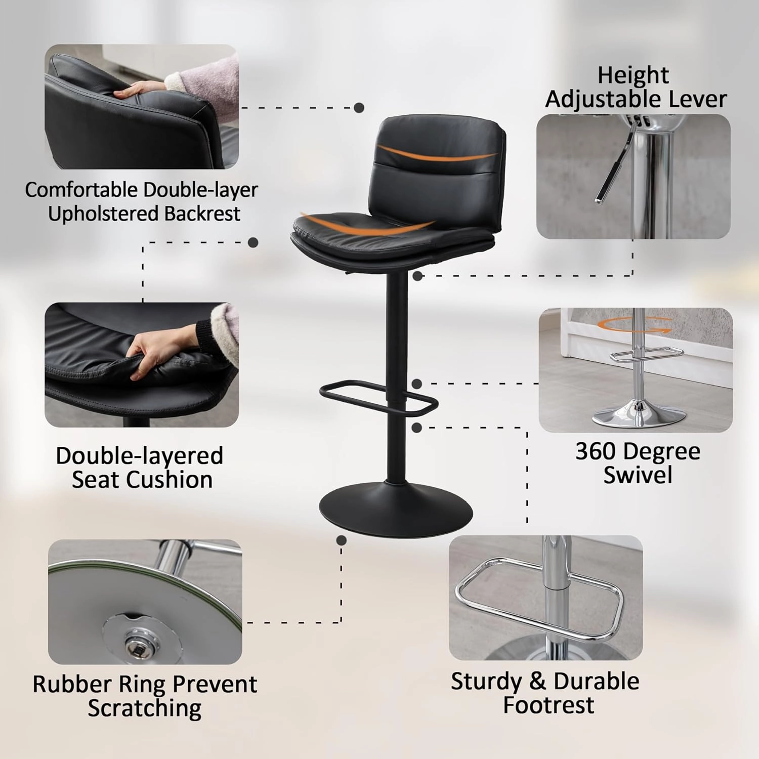 Swivel Bar Stools Set of 3, Double-Layer Upholstered Counter Height Bar Stools with Back, Adjustable Bar Stool 24"-32", Faux Leather Barstools for Kitchen Island (Black, 3PCS (24"-32"))