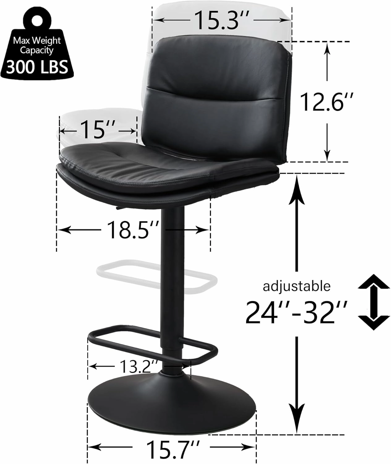 Swivel Bar Stools Set of 3, Double-Layer Upholstered Counter Height Bar Stools with Back, Adjustable Bar Stool 24"-32", Faux Leather Barstools for Kitchen Island (Black, 3PCS (24"-32"))