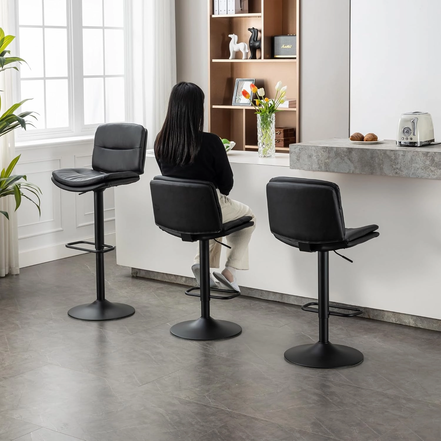 Swivel Bar Stools Set of 3, Double-Layer Upholstered Counter Height Bar Stools with Back, Adjustable Bar Stool 24"-32", Faux Leather Barstools for Kitchen Island (Black, 3PCS (24"-32"))