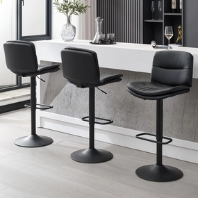 Swivel Bar Stools Set of 3, Double-Layer Upholstered Counter Height Bar Stools with Back, Adjustable Bar Stool 24"-32", Faux Leather Barstools for Kitchen Island (Black, 3PCS (24"-32"))