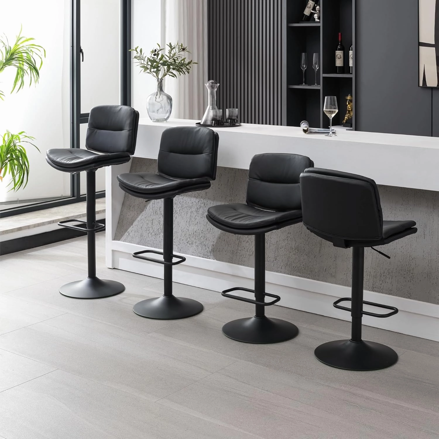 Swivel Bar Stools Set of 3, Double-Layer Upholstered Counter Height Bar Stools with Back, Adjustable Bar Stool 24"-32", Faux Leather Barstools for Kitchen Island (Black, 3PCS (24"-32"))