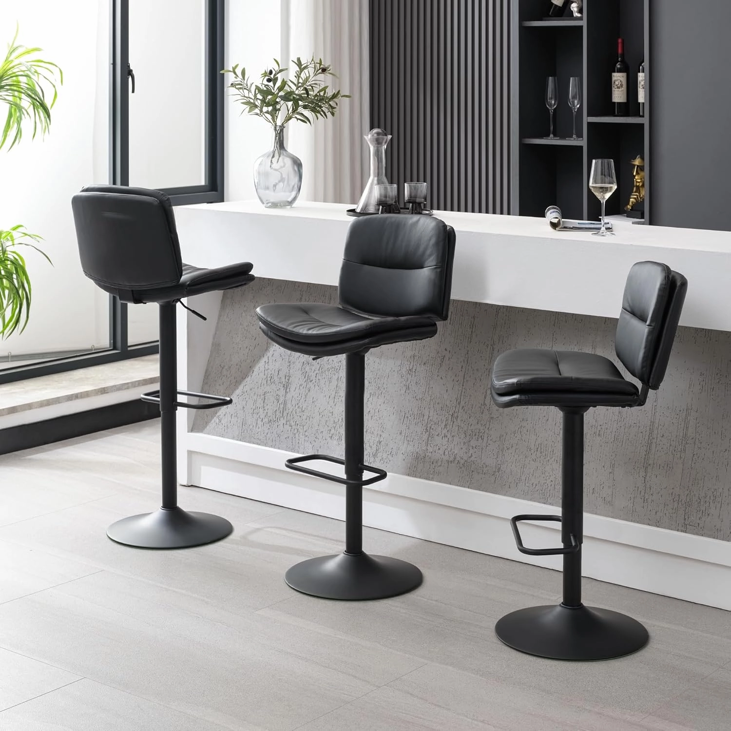 Swivel Bar Stools Set of 3, Double-Layer Upholstered Counter Height Bar Stools with Back, Adjustable Bar Stool 24"-32", Faux Leather Barstools for Kitchen Island (Black, 3PCS (24"-32"))