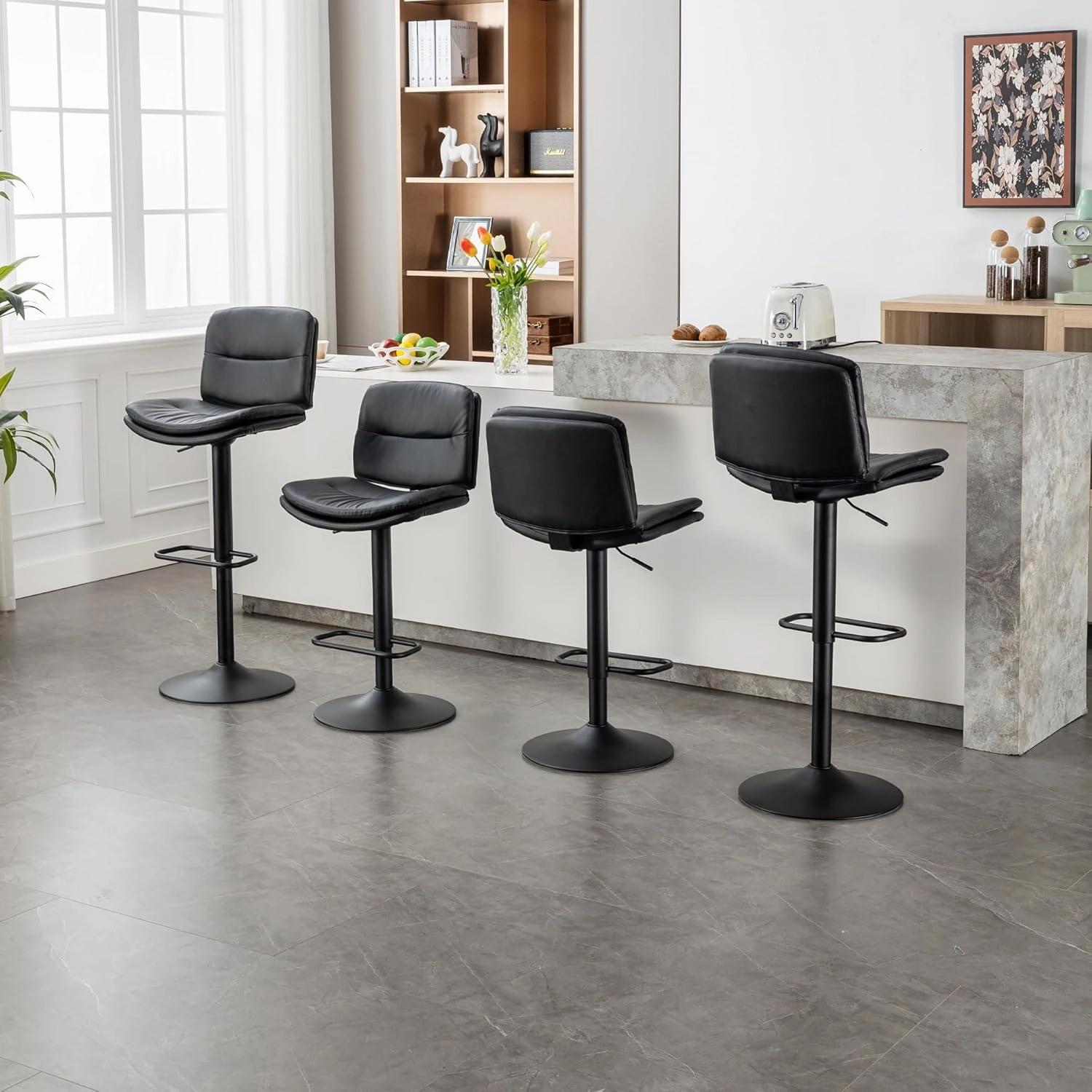 Swivel Bar Stools Set of 3, Double-Layer Upholstered Counter Height Bar Stools with Back, Adjustable Bar Stool 24"-32", Faux Leather Barstools for Kitchen Island (Black, 3PCS (24"-32"))