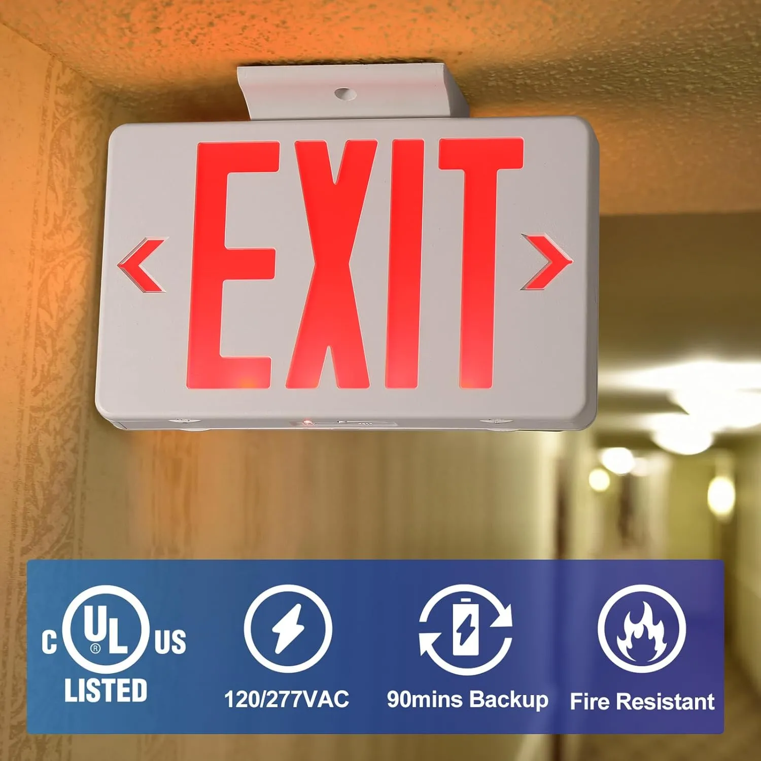 TANLUX Red LED Exit Sign With Emergency Light - UL Listed, Battery Backup, AC 120/277V, Hardwired - Commercial Business Lights - 4 Pack