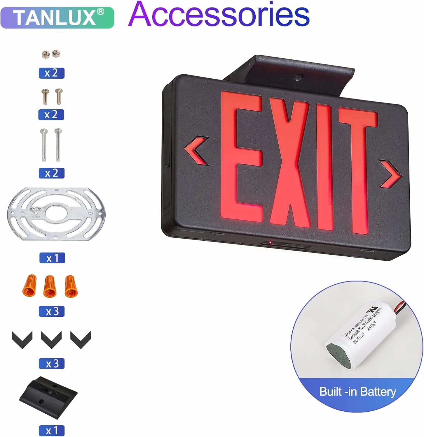 TANLUX Red Exit Sign with Black Housing, LED Emergency Exit Light with Battery Backup, UL Listed, Hardwired Exit Signs with Emergency Lights, Commercial Emergency Lights for Business - 2 Pack
