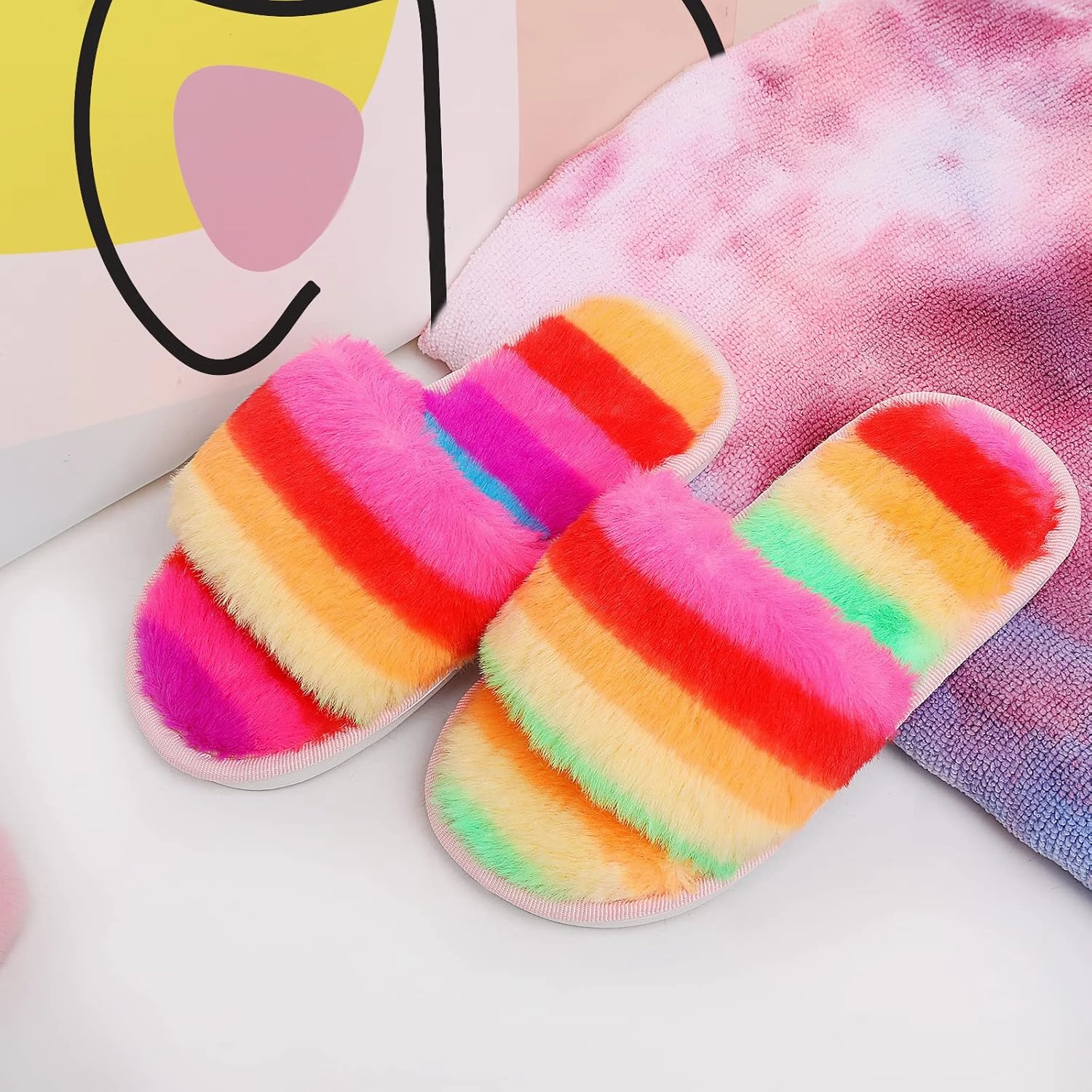 techcity Boys Girls Fuzzy House Slippers Cute Comfy Faux Fur Slip On Fluffy Plush Open Toe Home Slides for Kids Indoor Outdoor Warm Shoes