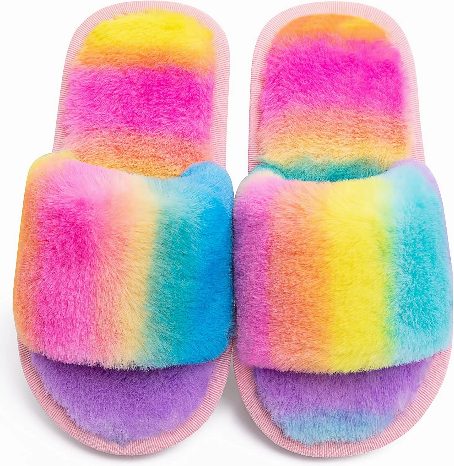 techcity Boys Girls Fuzzy House Slippers Cute Comfy Faux Fur Slip On Fluffy Plush Open Toe Home Slides for Kids Indoor Outdoor Warm Shoes