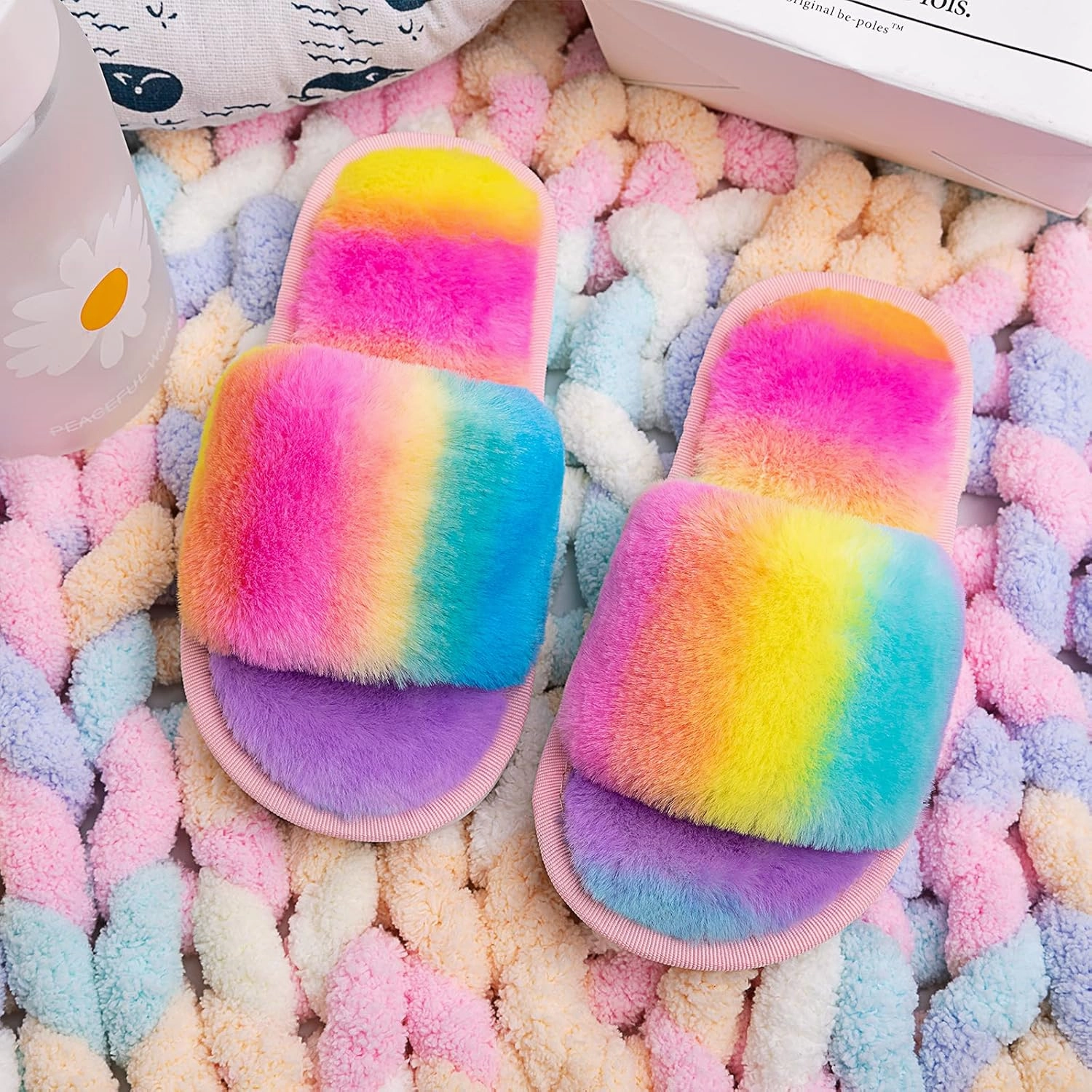 techcity Boys Girls Fuzzy House Slippers Cute Comfy Faux Fur Slip On Fluffy Plush Open Toe Home Slides for Kids Indoor Outdoor Warm Shoes