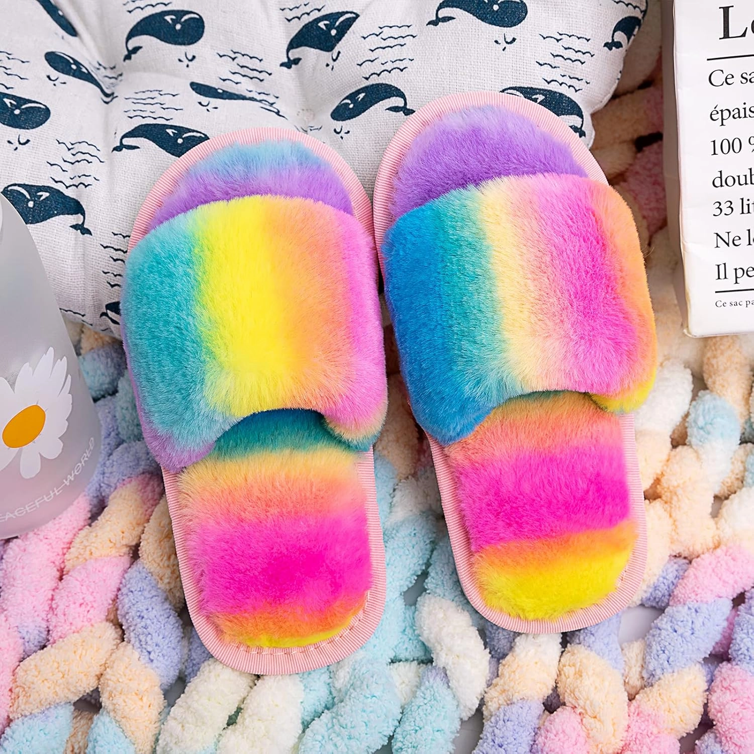 techcity Boys Girls Fuzzy House Slippers Cute Comfy Faux Fur Slip On Fluffy Plush Open Toe Home Slides for Kids Indoor Outdoor Warm Shoes