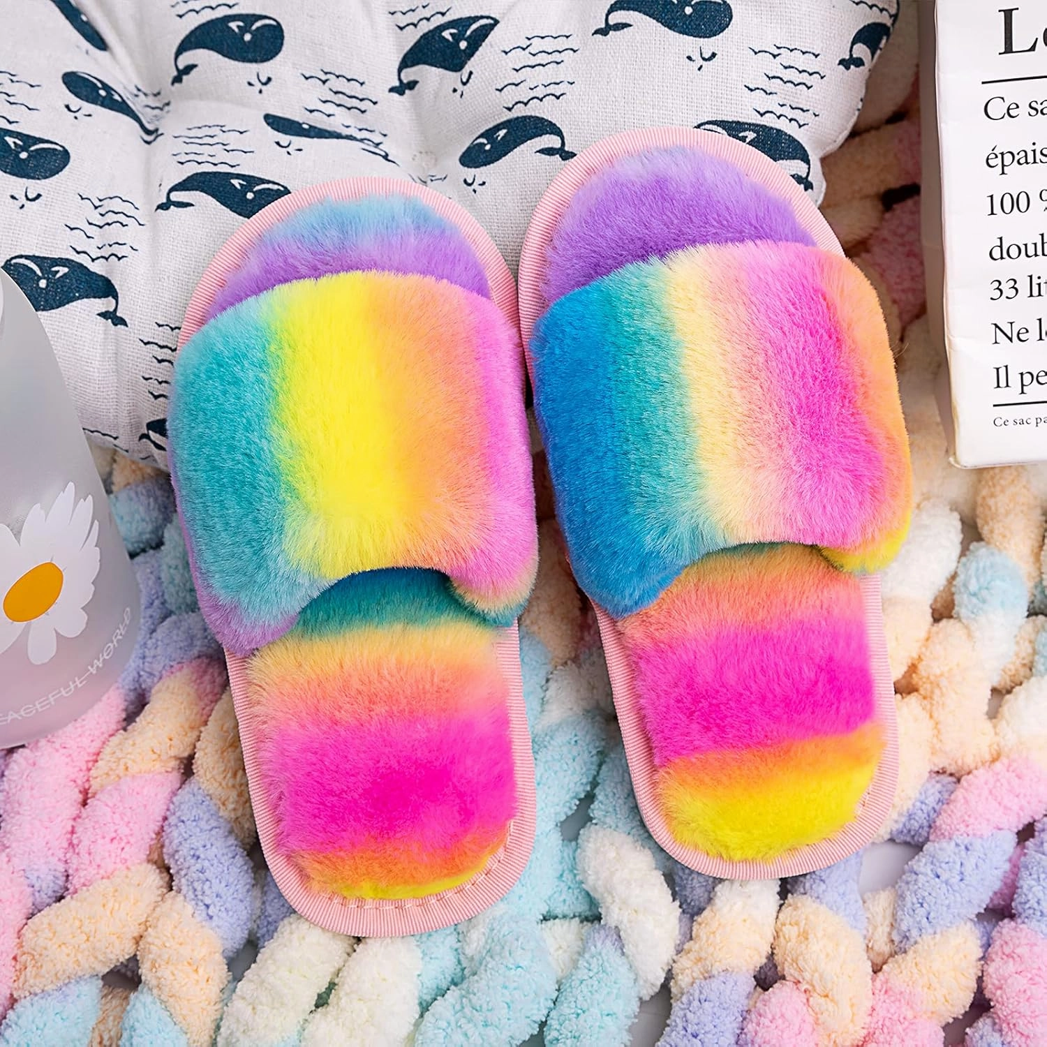 techcity Boys Girls Fuzzy House Slippers Cute Comfy Faux Fur Slip On Fluffy Plush Open Toe Home Slides for Kids Indoor Outdoor Warm Shoes