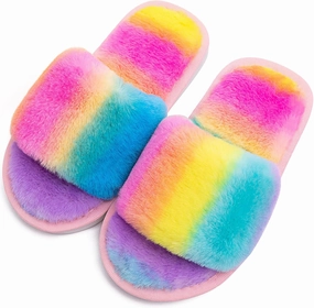 techcity Boys Girls Fuzzy House Slippers Cute Comfy Faux Fur Slip On Fluffy Plush Open Toe Home Slides for Kids Indoor Outdoor Warm Shoes