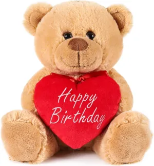 Teddy Bear with Red Heart - Happy Birthday - 9.5 Inches - Cuddly Plush Toy - Light Brown