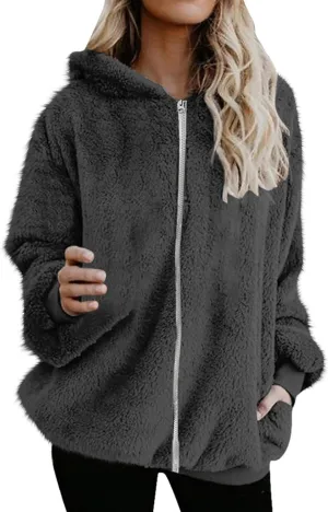 Teddy Coat For Women Plus Size Dressy Casual Fuzzy Fleece Sherpa Jacket Full Zip Up Hooded Fluffy Coats Outwear