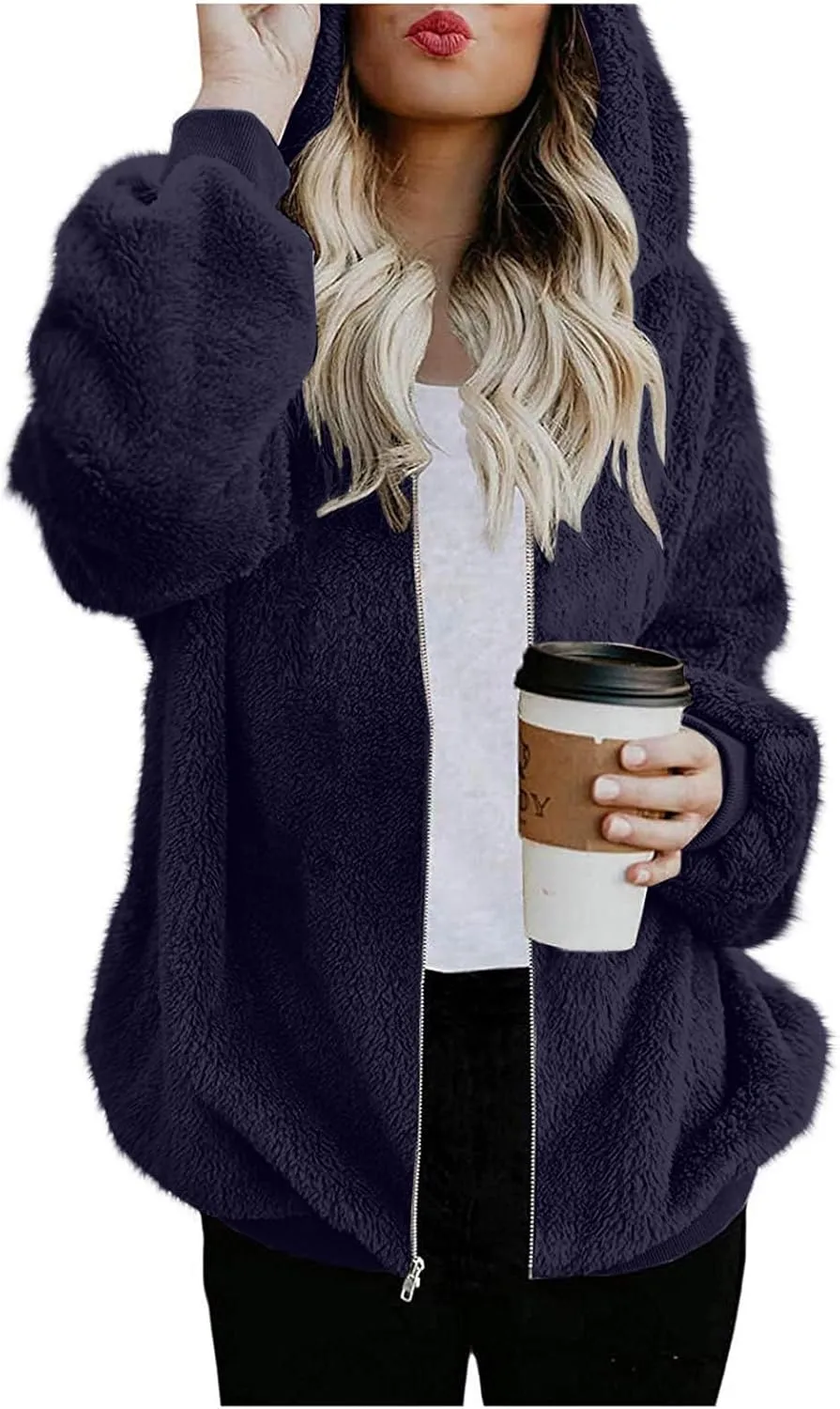 Teddy Coat For Women Plus Size Dressy Casual Fuzzy Fleece Sherpa Jacket Full Zip Up Hooded Fluffy Coats Outwear