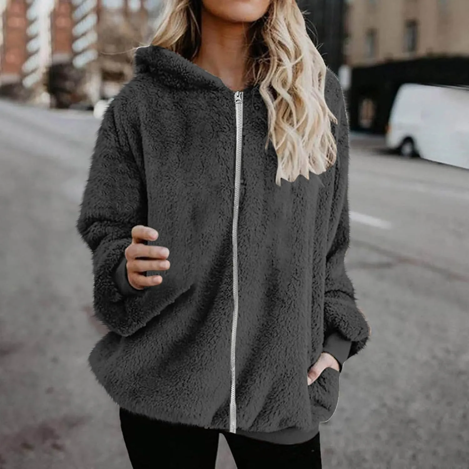 Teddy Coat For Women Plus Size Dressy Casual Fuzzy Fleece Sherpa Jacket Full Zip Up Hooded Fluffy Coats Outwear