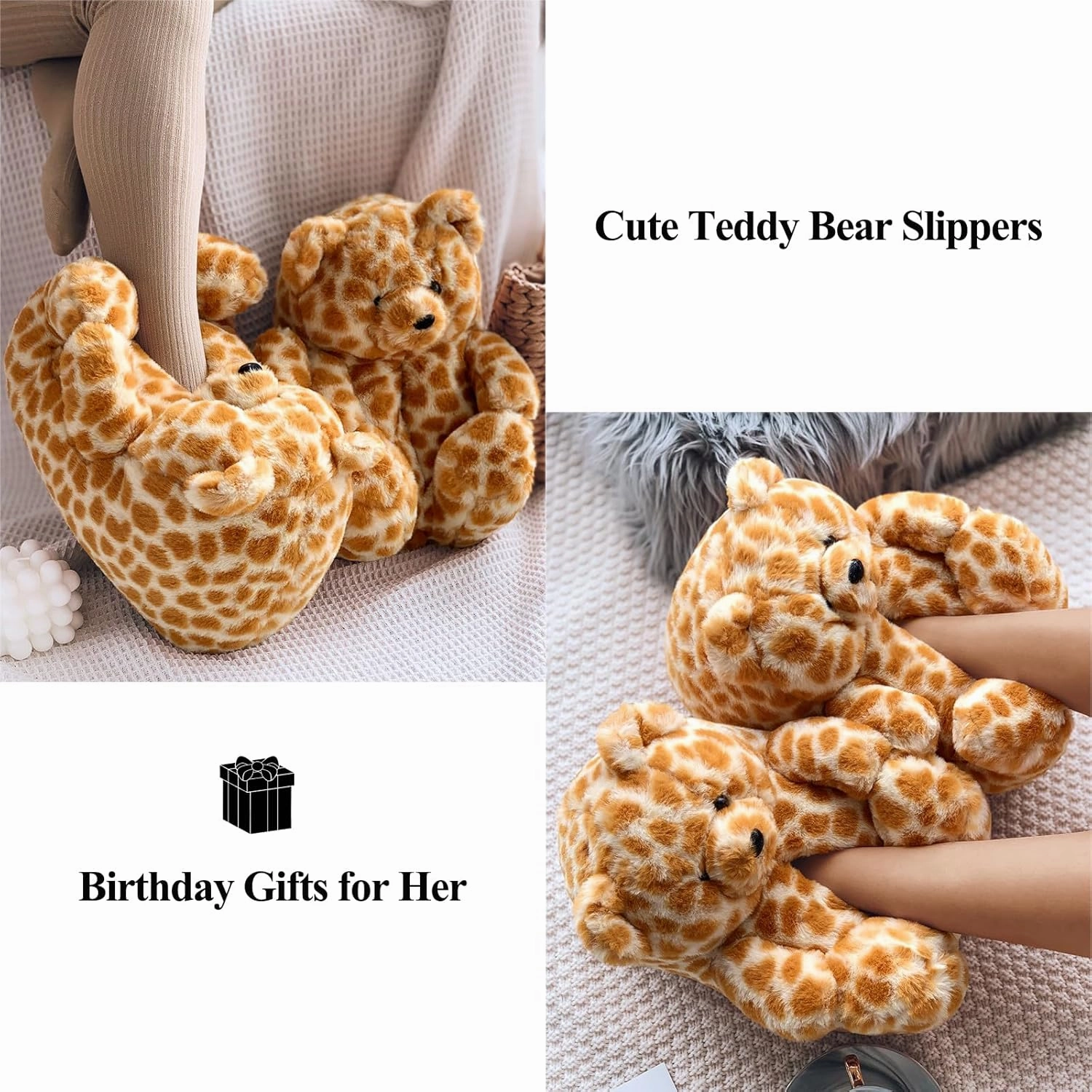 Teddy Bear Slippers, Christmas Cute Winter Warm Fluffy Fuzzy Soft Cute Animal Slippers Women House Indoor Cartoon Women Girls