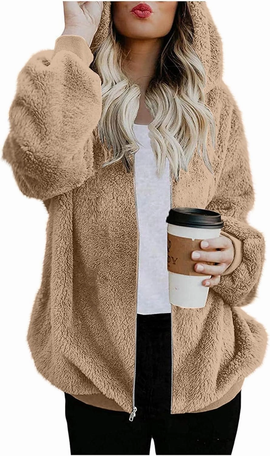 Teddy Coat For Women Plus Size Dressy Casual Fuzzy Fleece Sherpa Jacket Full Zip Up Hooded Fluffy Coats Outwear