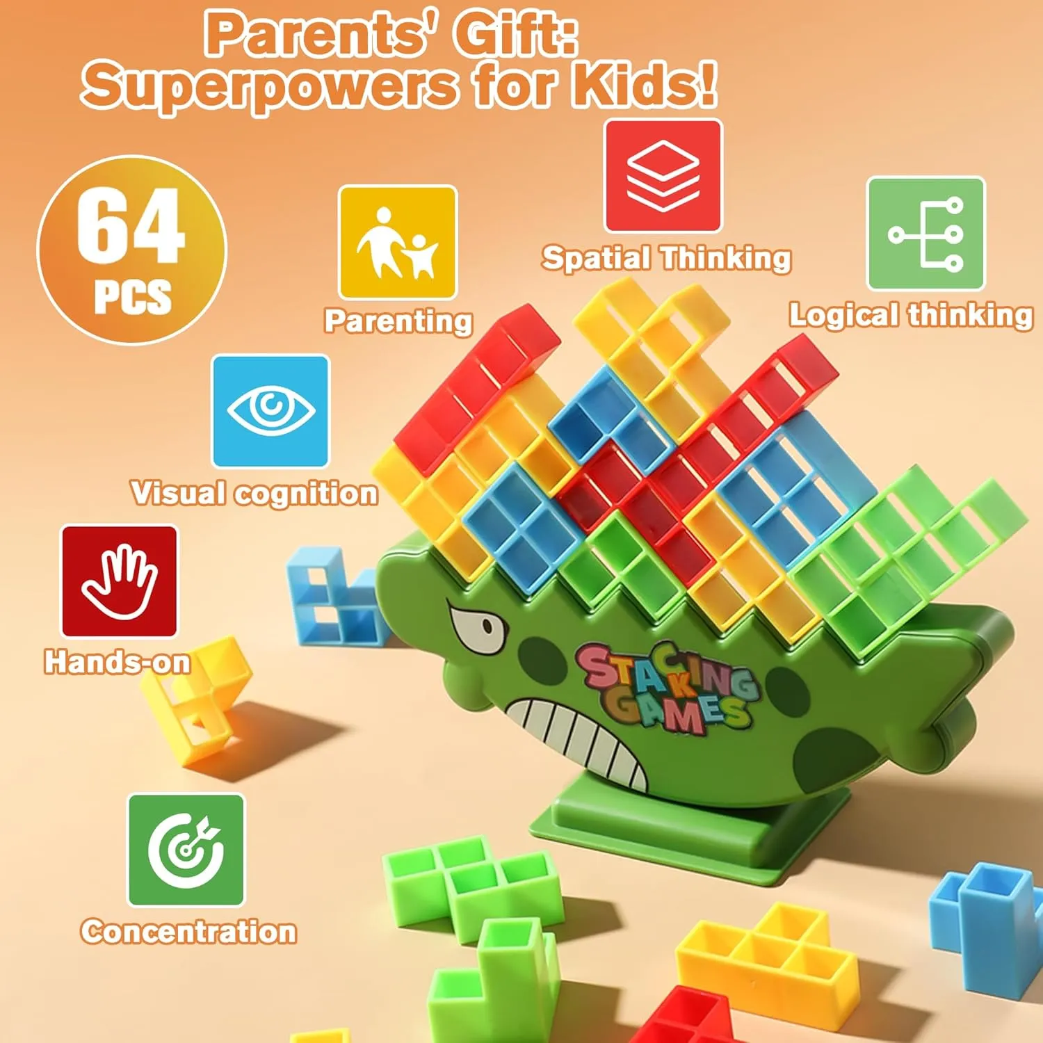 Tetra Tower Game, 64 PCS Board Games Kids and Stacking Blocks - Perfect Family Games for Kids and Adults, Ideal for Team Games, Building Games - Engaging and Exciting