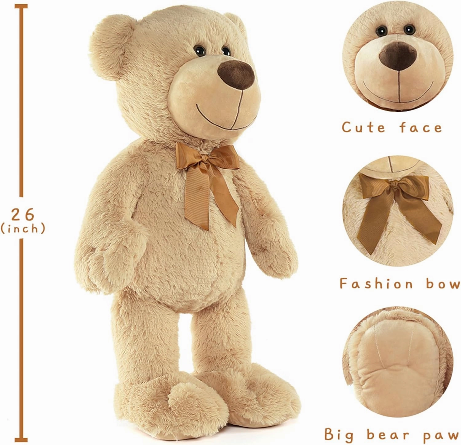 Tezituor Brown Teddy Bear Stuffed Animal, 26 inch Large Stuffed Teddy Bear Plush for Girl Boys Girlfriend, Soft Teddy Bear Toy Gift for Baby Shower, Birthday