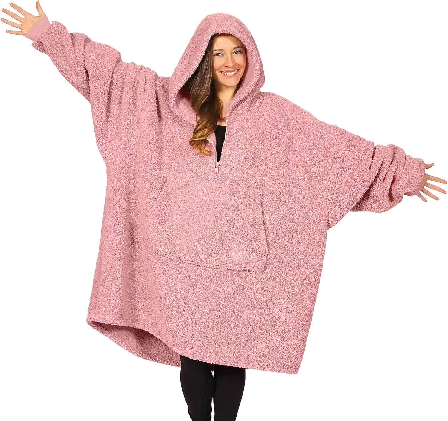 THE COMFY Teddy Bear Quarter-Zip | Sherpa Wearable Blanket with Quarter Length Zipper, Oversized Design with Hood and Pocket, From Shark Tank, for Women & Men, Warm and Cozy Gifts