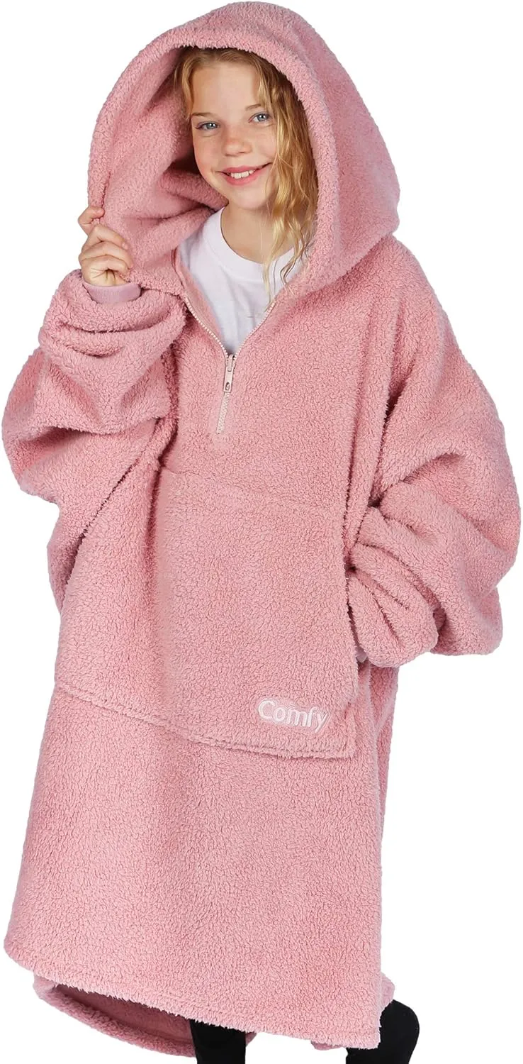 THE COMFY Teddy Bear Quarter-Zip | Sherpa Wearable Blanket with Quarter Length Zipper, Oversized Design with Hood and Pocket, From Shark Tank, for Women & Men, Warm and Cozy Gifts