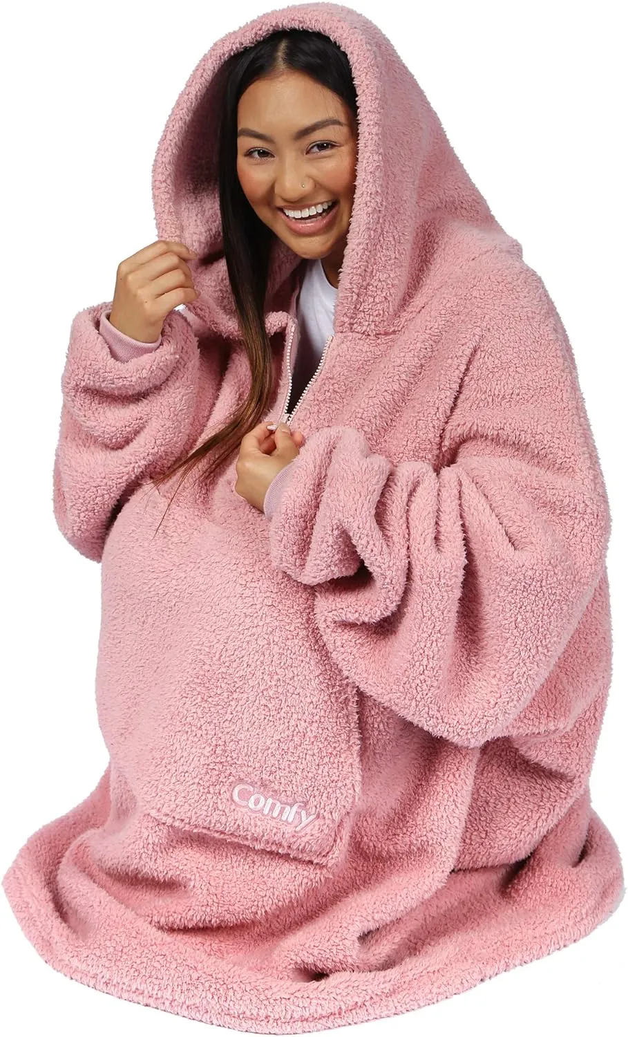 THE COMFY Teddy Bear Quarter-Zip | Sherpa Wearable Blanket with Quarter Length Zipper, Oversized Design with Hood and Pocket, From Shark Tank, for Women & Men, Warm and Cozy Gifts