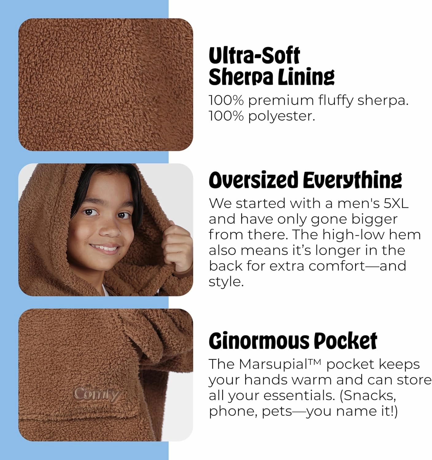 THE COMFY Teddy Bear Quarter-Zip | Sherpa Wearable Blanket with Quarter Length Zipper, Oversized Design with Hood and Pocket, From Shark Tank, for Women & Men, Warm and Cozy Gifts