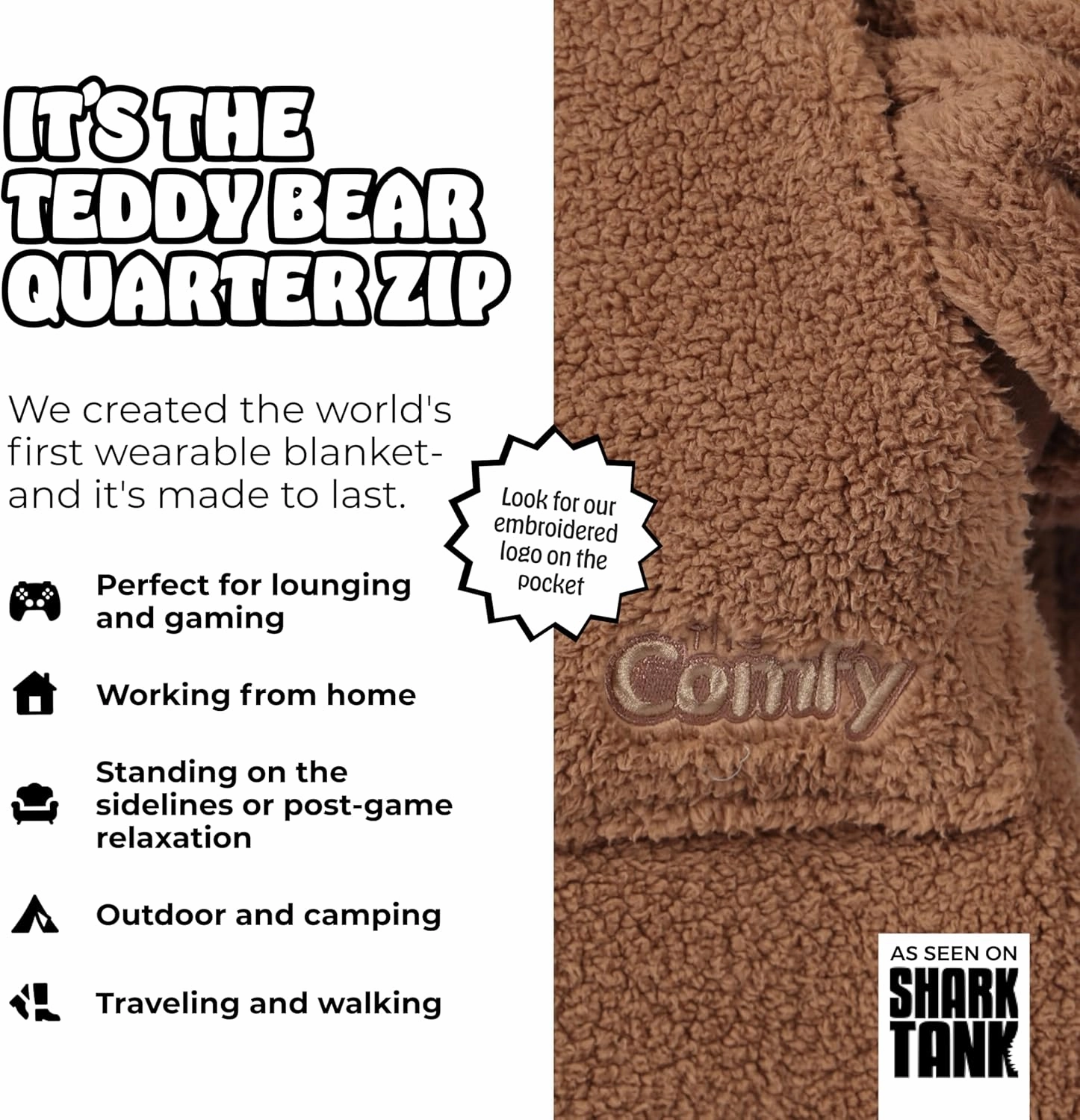 THE COMFY Teddy Bear Quarter-Zip | Sherpa Wearable Blanket with Quarter Length Zipper, Oversized Design with Hood and Pocket, From Shark Tank, for Women & Men, Warm and Cozy Gifts