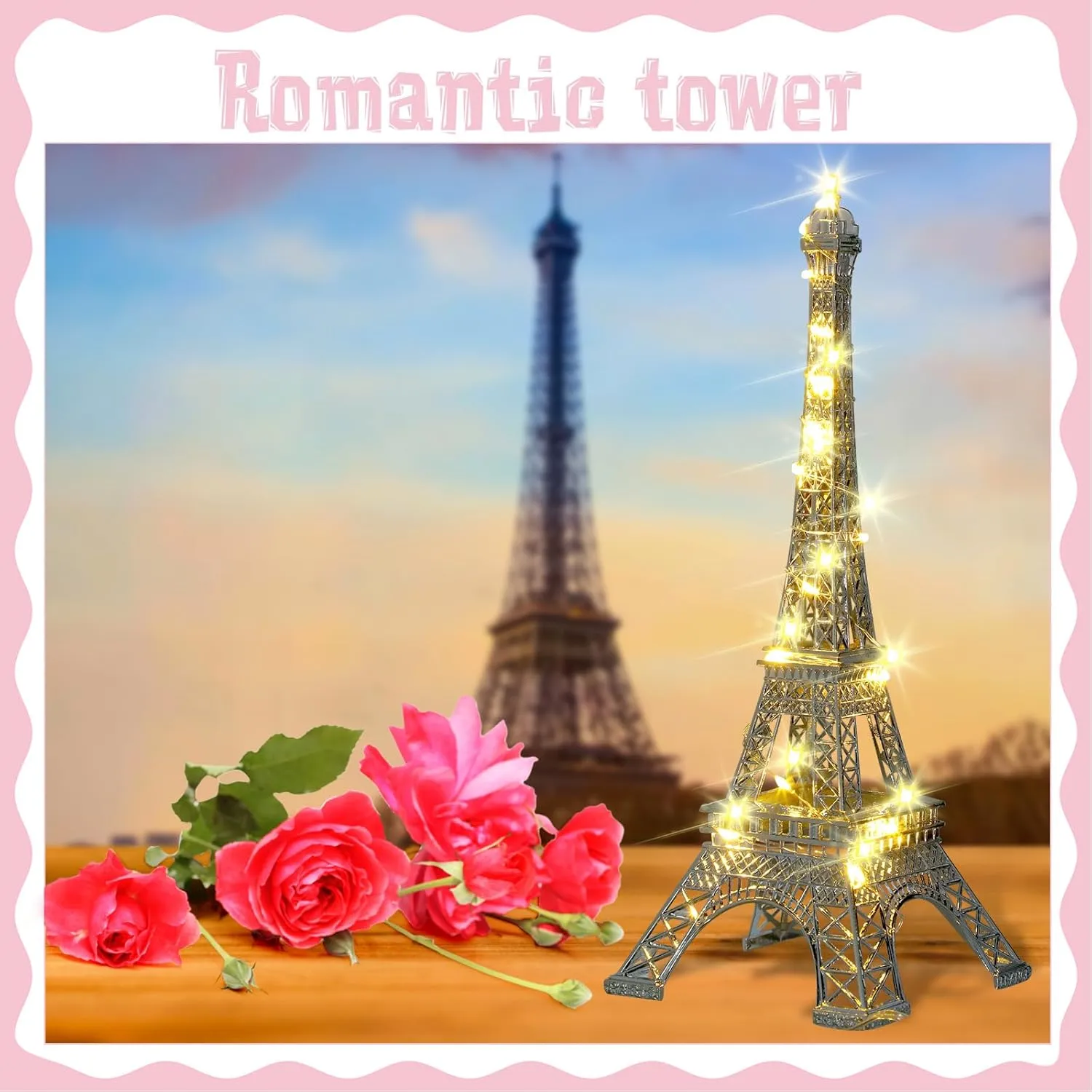 Therwen 2 Pack Eiffel Tower Metal Paris Eiffel Tower Figurine Replica Stand Holder for Party Decoration Cake Topper Bedroom Room Home Table Valentine Gift(10 Inch,Silver)