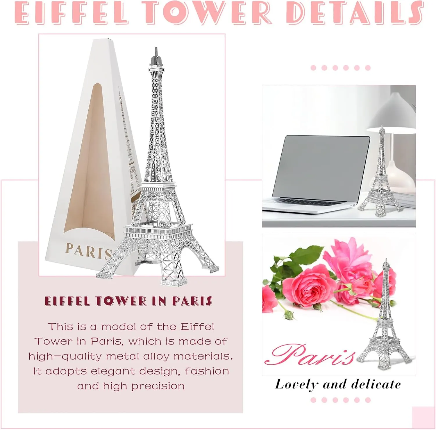 Therwen 2 Pack Eiffel Tower Metal Paris Eiffel Tower Figurine Replica Stand Holder for Party Decoration Cake Topper Bedroom Room Home Table Valentine Gift(10 Inch,Silver)