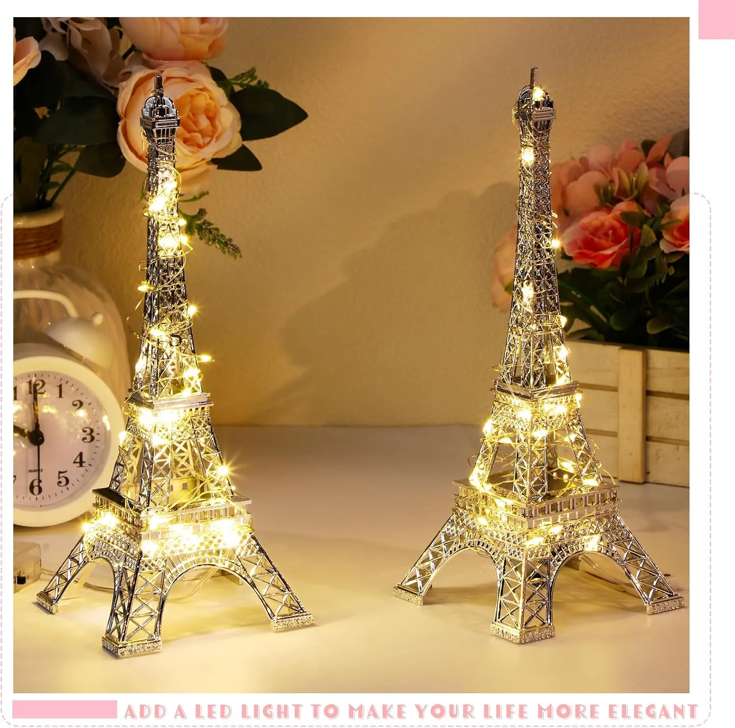 Therwen 2 Pack Eiffel Tower Metal Paris Eiffel Tower Figurine Replica Stand Holder for Party Decoration Cake Topper Bedroom Room Home Table Valentine Gift(10 Inch,Silver)