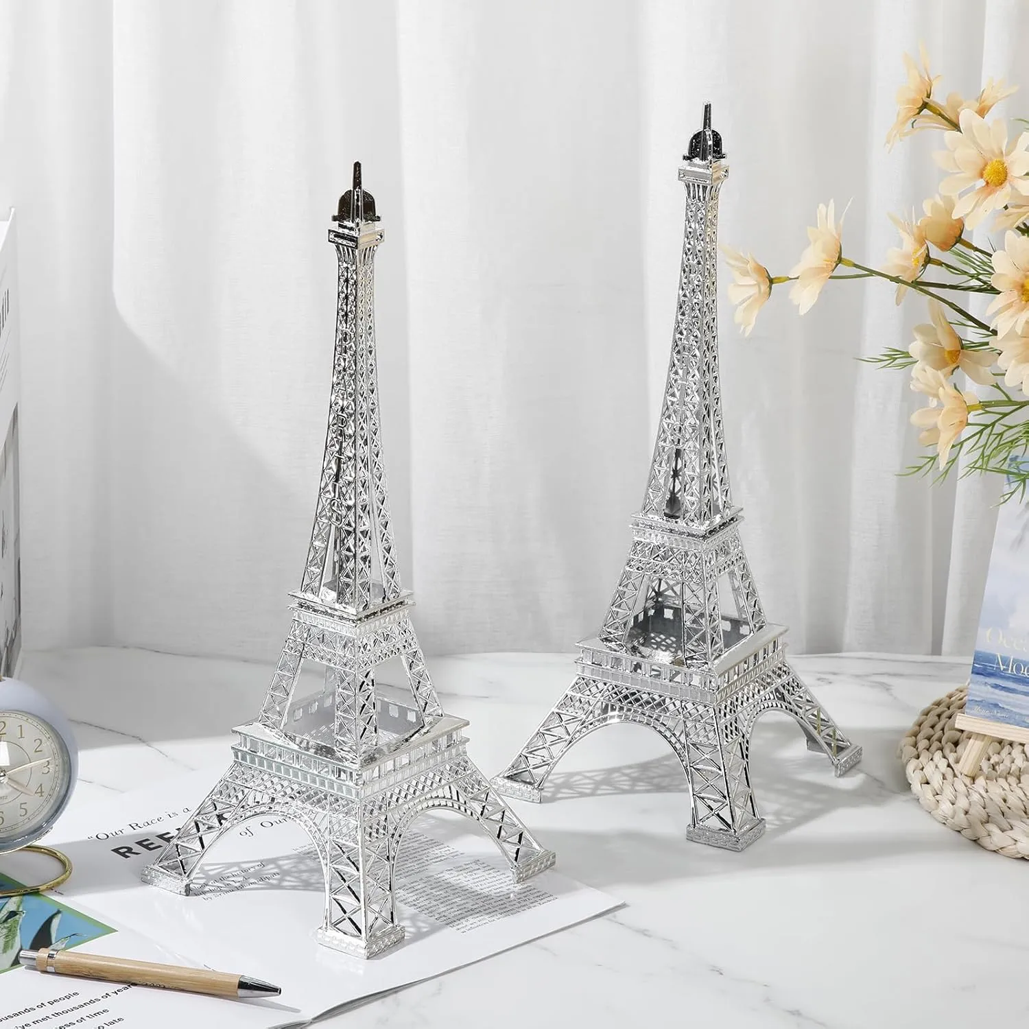 Therwen 2 Pack Eiffel Tower Metal Paris Eiffel Tower Figurine Replica Stand Holder for Party Decoration Cake Topper Bedroom Room Home Table Valentine Gift(10 Inch,Silver)