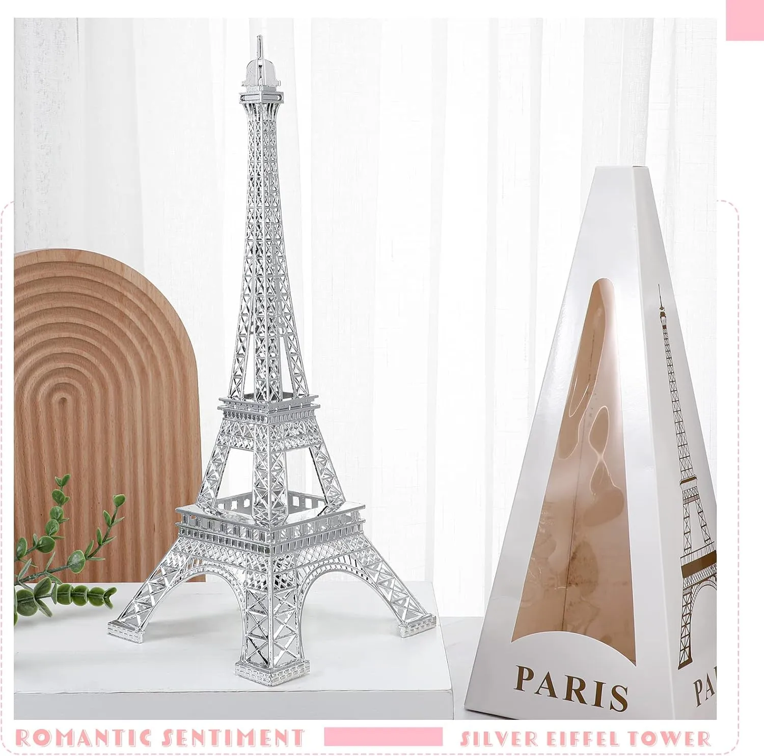 Therwen 2 Pack Eiffel Tower Metal Paris Eiffel Tower Figurine Replica Stand Holder for Party Decoration Cake Topper Bedroom Room Home Table Valentine Gift(15 Inch,Silver)