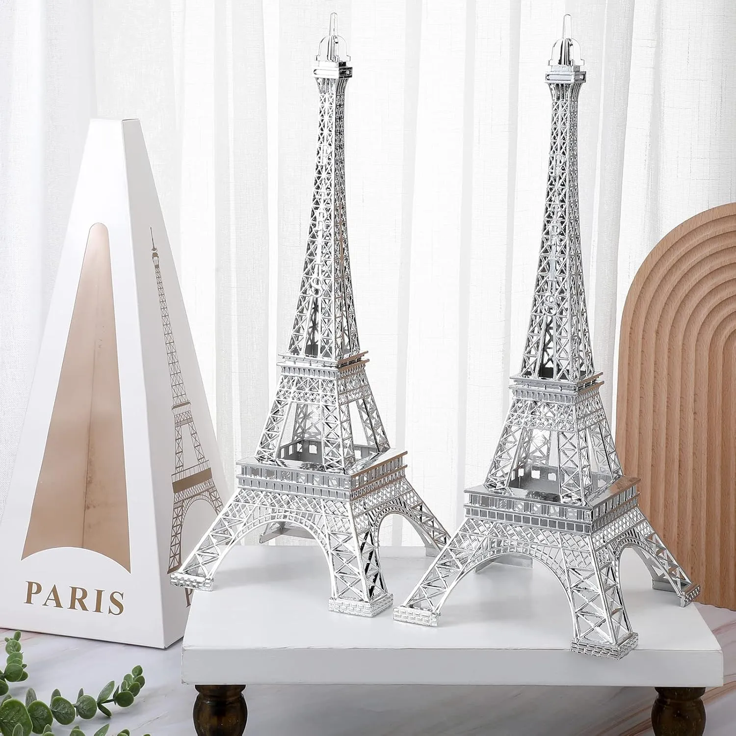 Therwen 2 Pack Eiffel Tower Metal Paris Eiffel Tower Figurine Replica Stand Holder for Party Decoration Cake Topper Bedroom Room Home Table Valentine Gift(15 Inch,Silver)
