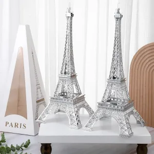 Therwen 2 Pack Eiffel Tower Metal Paris Eiffel Tower Figurine Replica Stand Holder for Party Decoration Cake Topper Bedroom Room Home Table Valentine Gift(15 Inch,Silver)