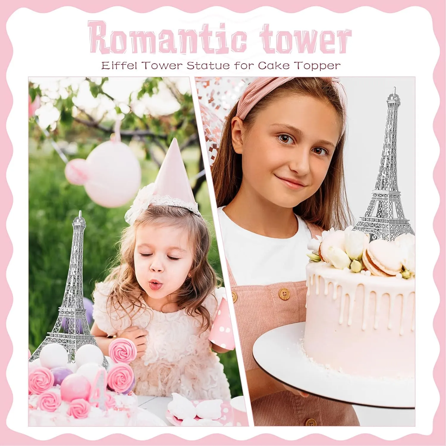 Therwen 2 Pack Eiffel Tower Metal Paris Eiffel Tower Figurine Replica Stand Holder for Party Decoration Cake Topper Bedroom Room Home Table Valentine Gift(15 Inch,Silver)