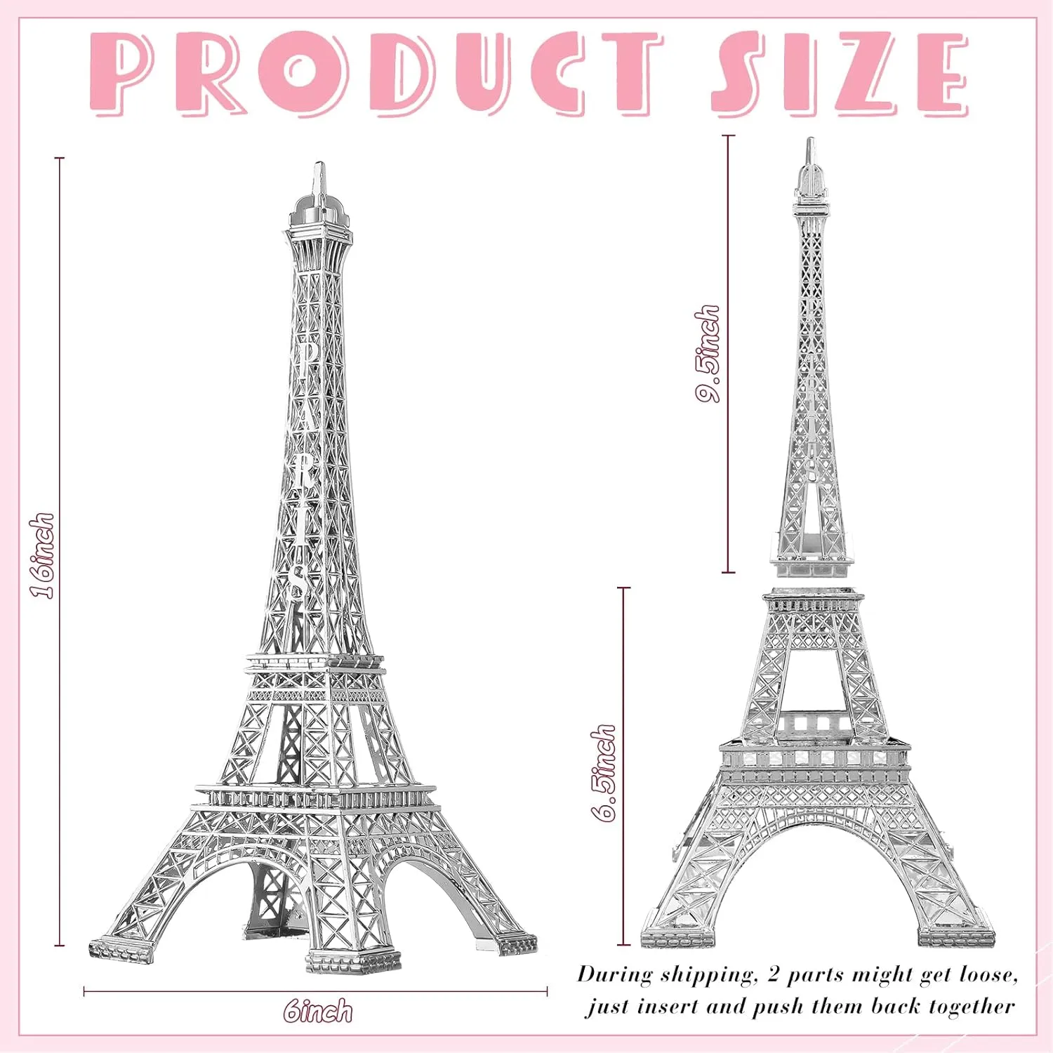 Therwen 2 Pack Eiffel Tower Metal Paris Eiffel Tower Figurine Replica Stand Holder for Party Decoration Cake Topper Bedroom Room Home Table Valentine Gift(15 Inch,Silver)