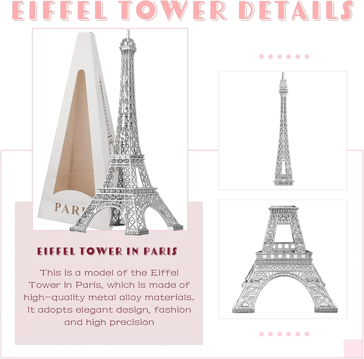 Therwen 2 Pack Eiffel Tower Metal Paris Eiffel Tower Figurine Replica Stand Holder for Party Decoration Cake Topper Bedroom Room Home Table Valentine Gift(15 Inch,Silver)