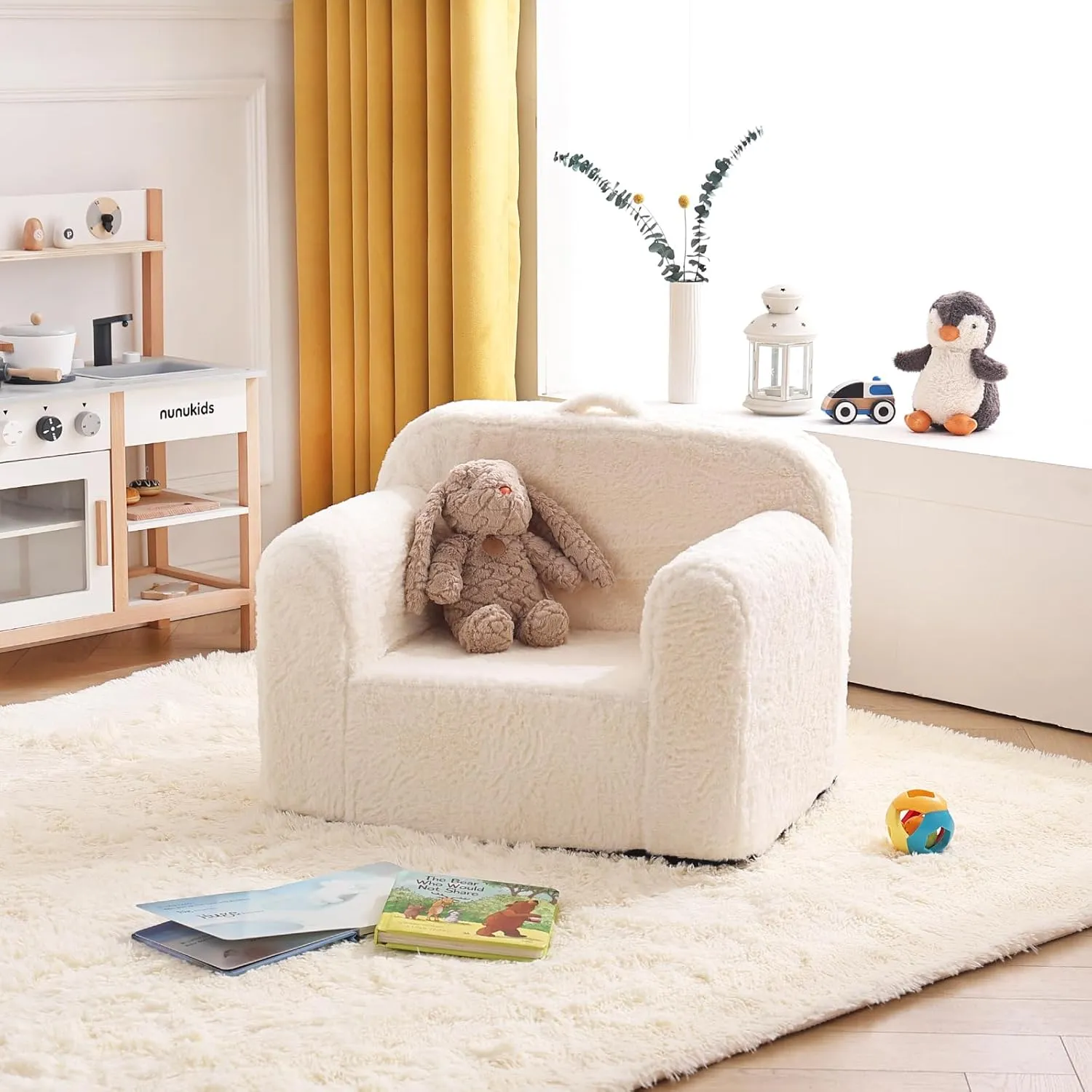 Tiita Kids Sofa Couch, Toddler Foam Sofa Chair, Comfy Child Lounge Chair with Carrying Handle & Side Pockets, Baby Plush Armrest Chair, Lightweight Reading Sofa for Girl or Boy (Beige)
