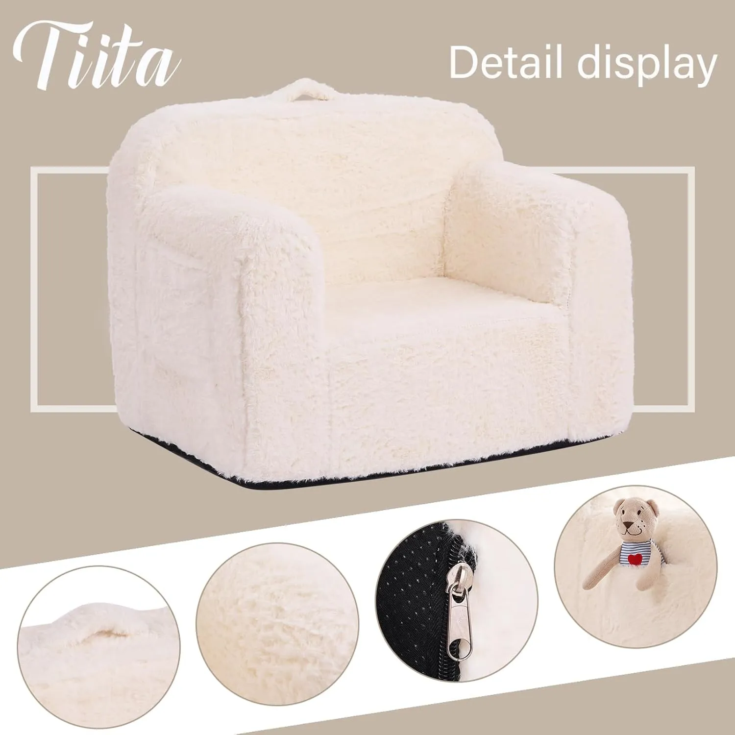 Tiita Kids Sofa Couch, Toddler Foam Sofa Chair, Comfy Child Lounge Chair with Carrying Handle & Side Pockets, Baby Plush Armrest Chair, Lightweight Reading Sofa for Girl or Boy (Beige)