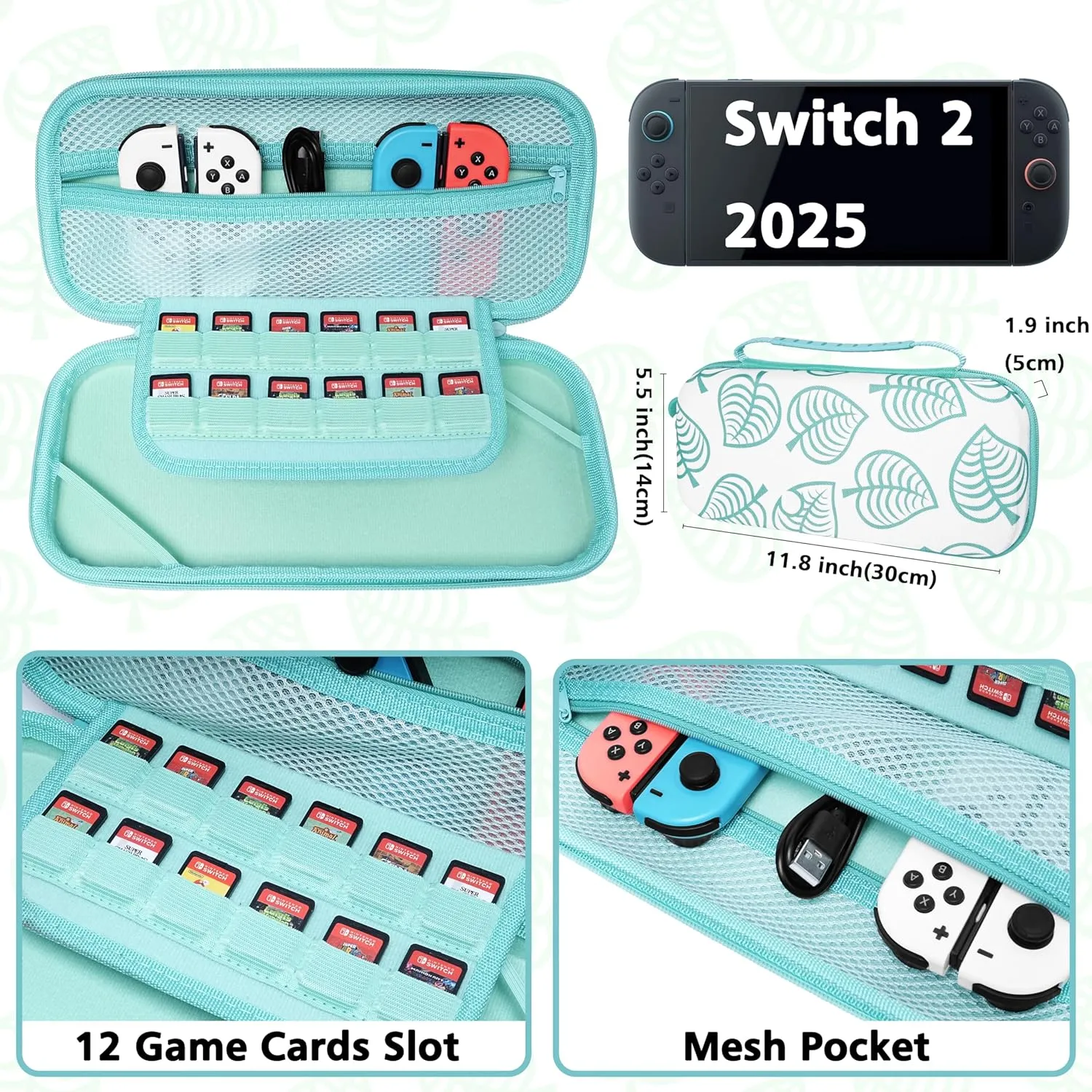 TIKOdirect Carrying Case for Nintendo Switch 2(2025), Shockproof Portable Travel Bag with with 12 Game Card Slots Inner Storage Bag for Switch 2 Console Joy-Con & Accessories, Animal Crossing Green