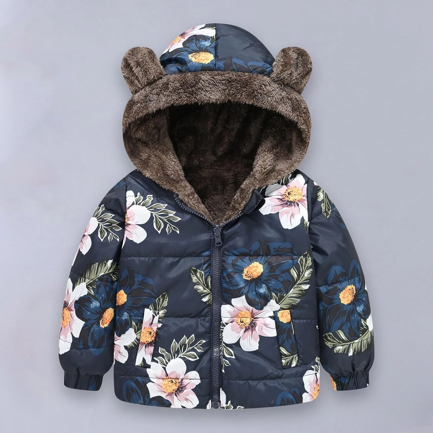 Toddler Winter Coat Boys Girls Bear Ears Hooded Puffer Jacket Fleece Lined Padded Down Coat Baby Quilted Bubble Coat